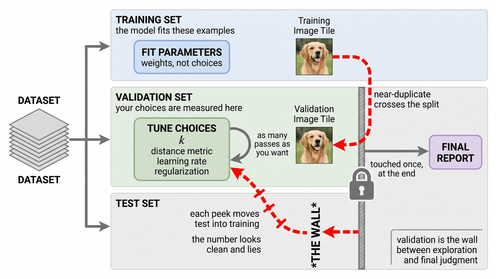 Three boxes for training, validation, and test data, each marked with the decisions it is allowed to touch. With two arrows showing near-duplicates crossing the split and repeated test peeking.