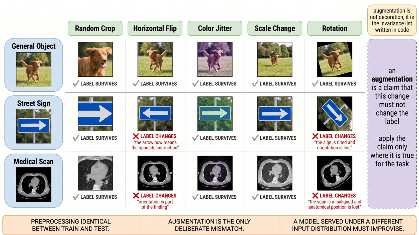 A grid of augmentations across three kinds of image, with each cell marked label-preserving or label-changing.