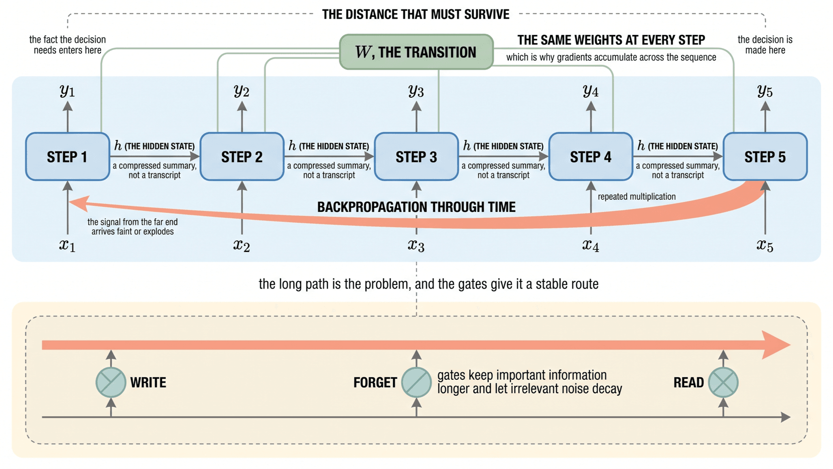 The recurrence unrolled across time, with shared transition weights forward, a backward gradient path that shrinks or grows, and a gated cell replacing it.