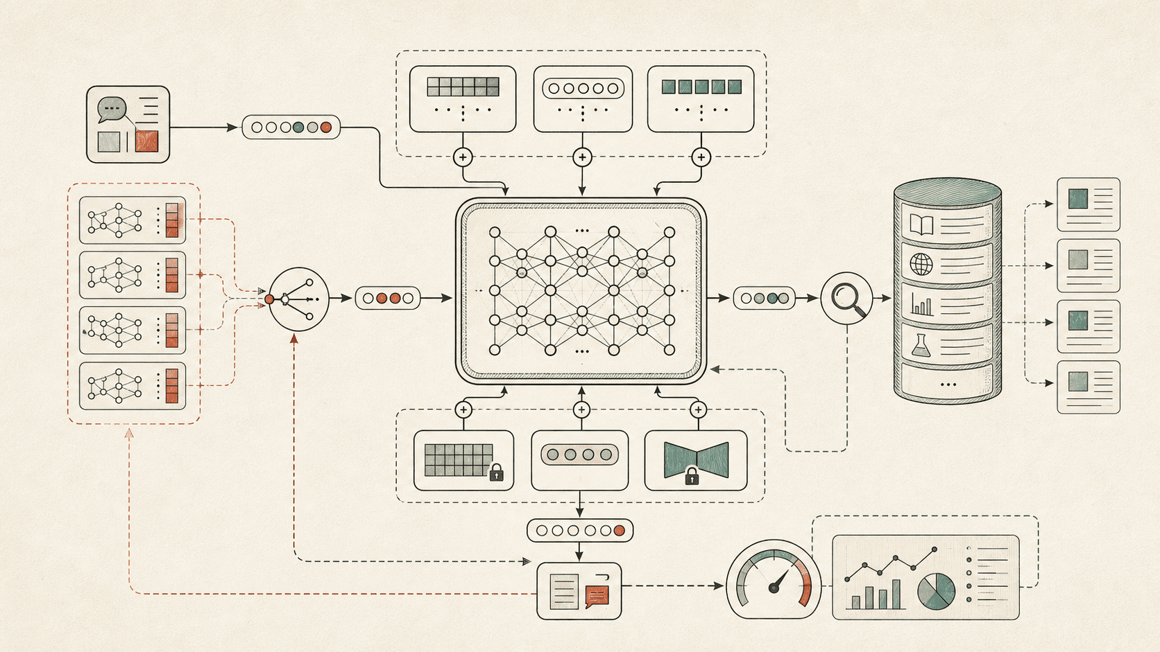 A router sends each input to a small set of expert blocks while the shared trunk stays fixed. Conditional compute splits the network into parts that change per task and parts that stay shared.