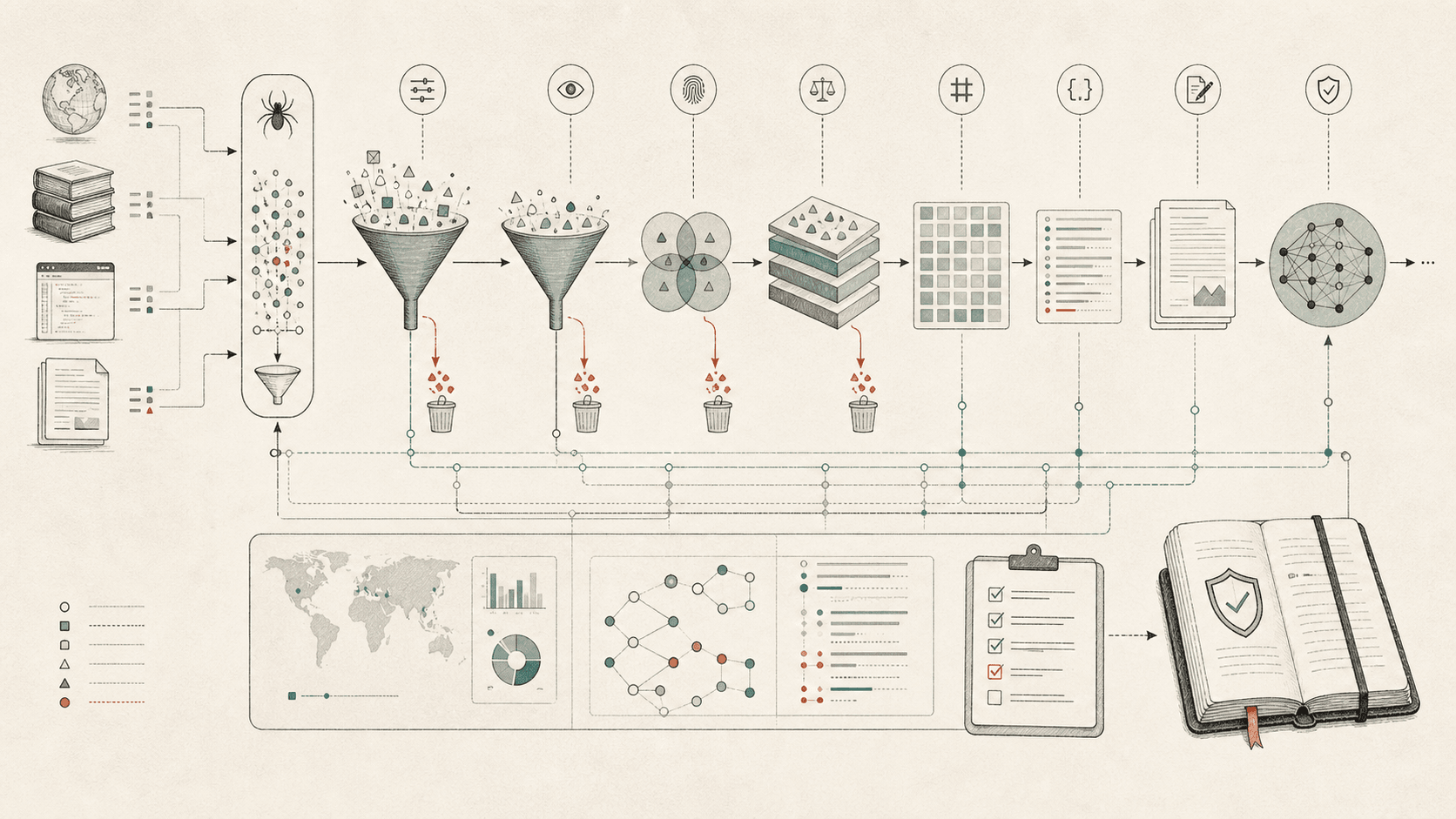 Editorial diagram of an LLM data supply chain: crawl, filter, deduplicate, mix, tokenize, document, govern, and audit.