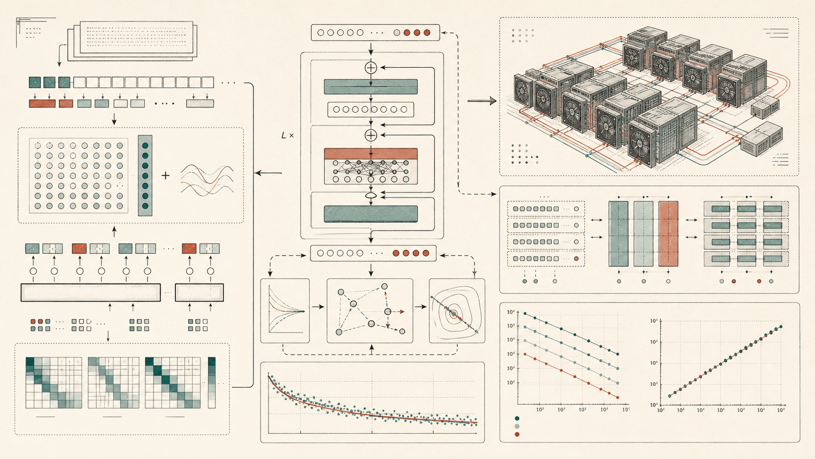 Editorial diagram of LLM modeling and training: tokenizer, embeddings, transformer layers, objective, optimizer, distributed compute, scaling-law feedback.