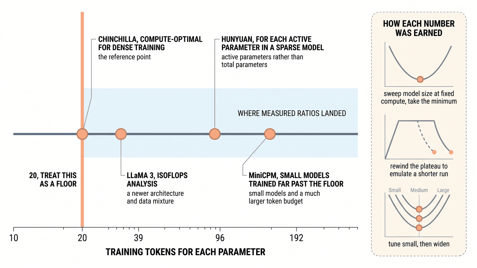 Published tokens-per-parameter measurements against Chinchilla's 20: LLaMA 3 near 39, Hunyuan near 96 for each active parameter, MiniCPM near 192.