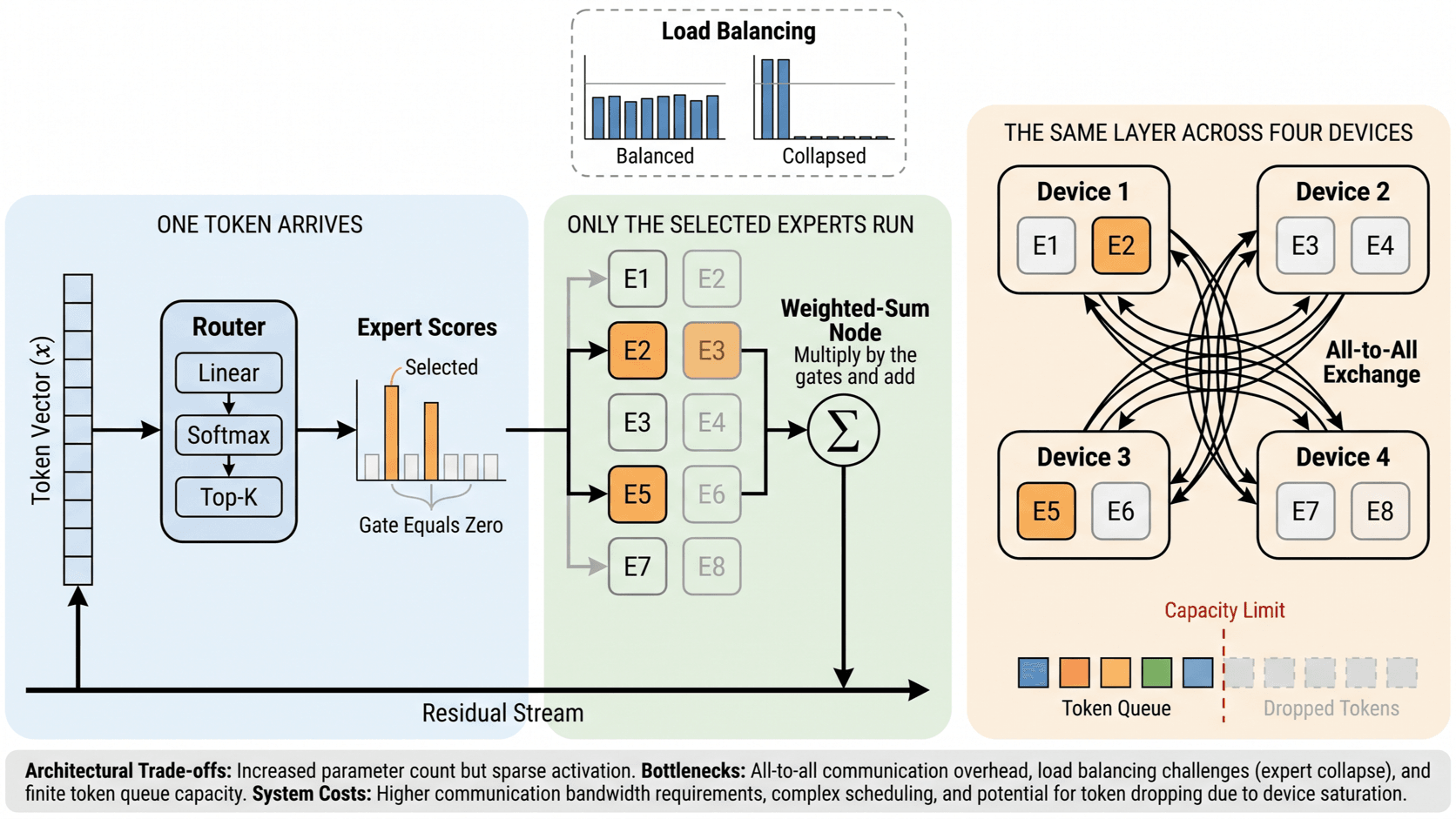 A sparse MoE layer showing router scores, top-k selection, the experts that run, and the capacity-limited all-to-all exchange.